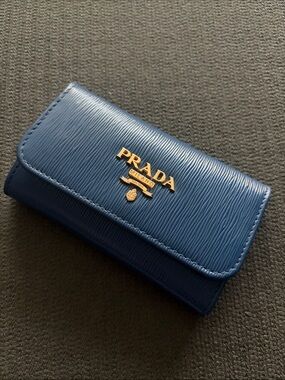 Prada Key holder-Navy Blue Saffiano Leather Wallet with Gold Logo